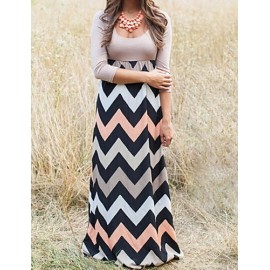 Women's Beach Loose Dress,Striped / Print Round Neck Maxi Long Sleeve Gray / Green Cotton Fall