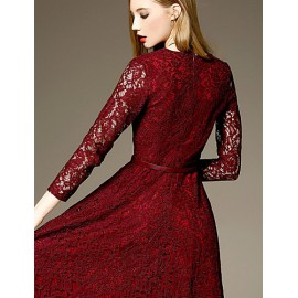 Women's Party/Cocktail Sexy Sheath Dress,Patchwork V Neck Maxi Long Sleeve Red Cotton Summer