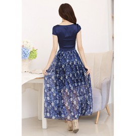 Women's Casual/Daily / Plus Size Vintage Swing Dress,Floral Boat Neck Maxi Short Sleeve Blue Silk Summer High Rise Micro-elastic Thin