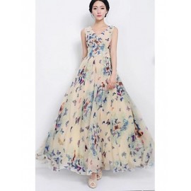 Women's Butterfly Print Beige Dress, Vintage/Print/Maxi U Neck Sleeveless Swing