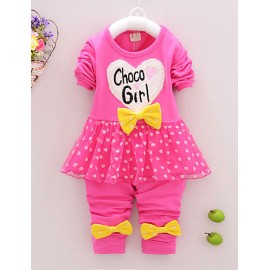Girl's Cotton Spring/Autumn Casual Bowknot Cartoon Patchwork Long Sleeve T Shirt And Pants Two-piece Set  