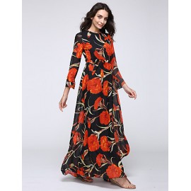 Women‘s Beach Trumpet/Mermaid Dress,Patchwork Stand Maxi Long Sleeve Orange Spandex Spring