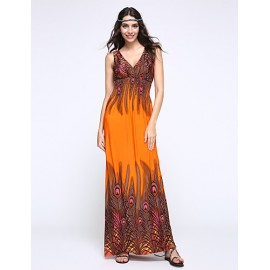 Women's Print Blue/Orange/Purple Dress,Maxi Deep V Sleeveless